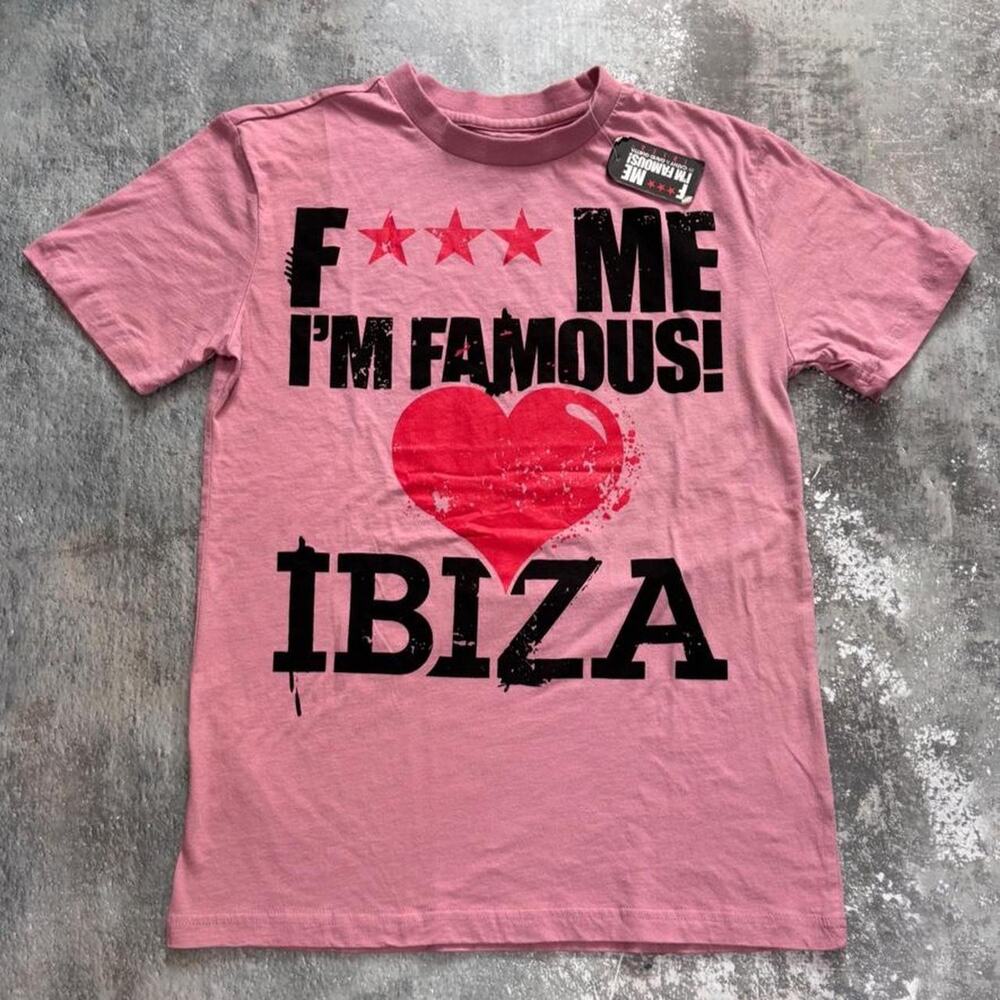 Pink F uck Me Im Famous Ibiza T Shirt! Scene EDM David Guetta. Size Small